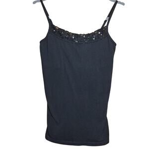 Vintage Y2K Derek Heart Lace trim Cami tank top black sequined 2000s stretchy
